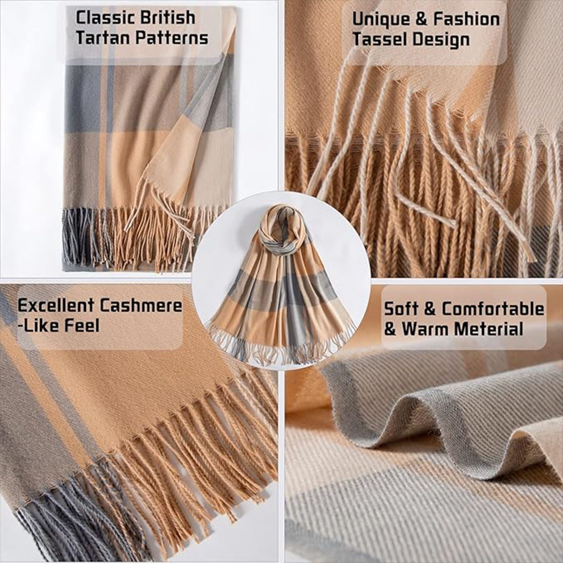 Mutig Wollschal Damen Winter Senior Plaid Kaschmir Schal,übergroßer185*65cm Schal, (Tartan Schultertuch Mit Quasten,Warmer Oversized Poncho,Mischfarbe, Winter Geschenke für Mama, Freundin oder Schwester,Weihnachtsgeschenk), Aus 100 % Kaschmir-Imitat gefertigt, weich, Elegantes Karomuster