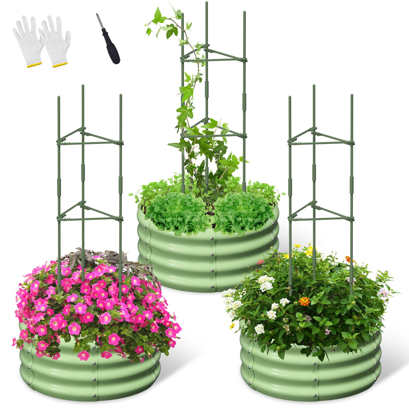 Meulbaty Blumenkasten 3er-Set Rund Metall-Hochbett für Garten mit Rankhilfe günstig online kaufen