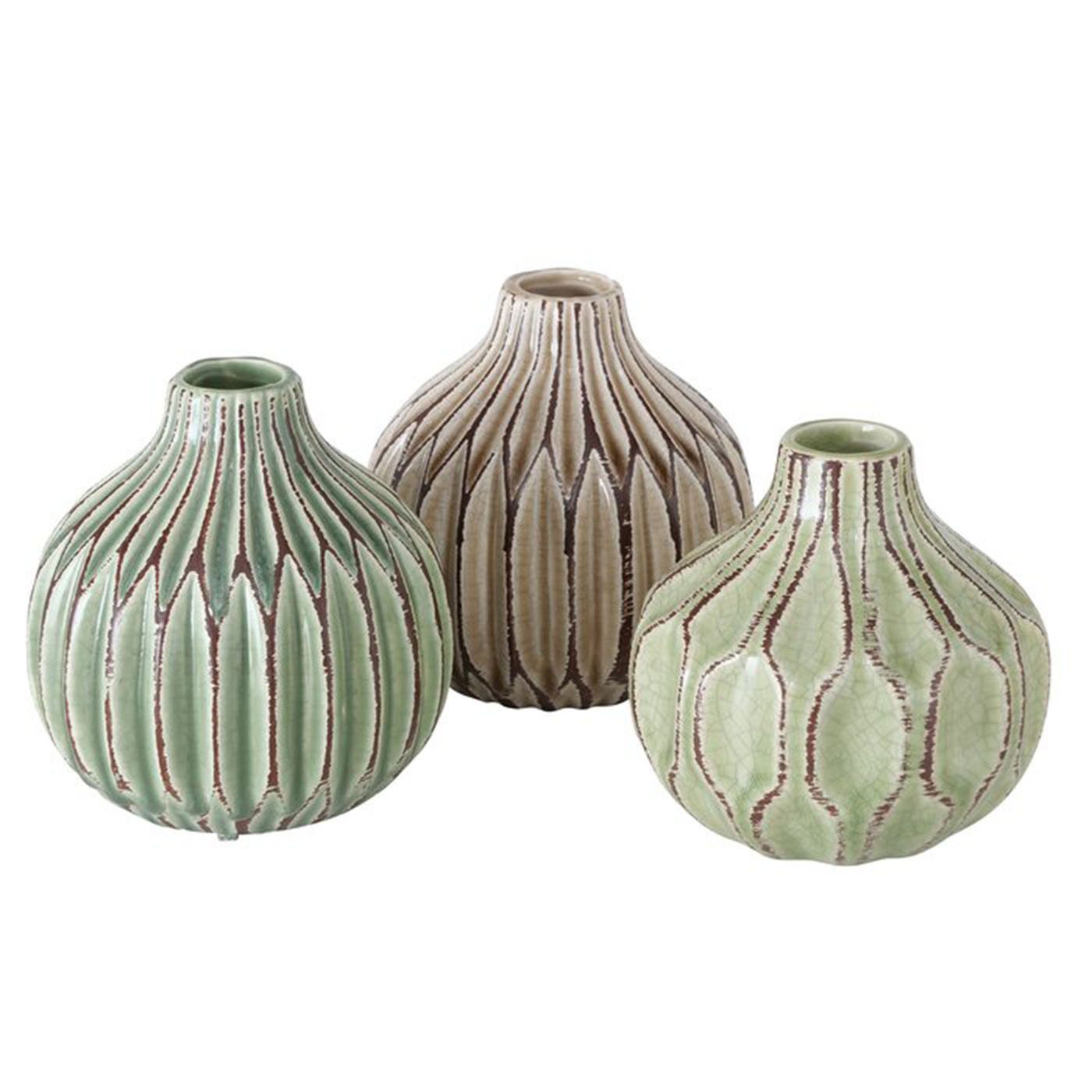 Dekovase Vase im 3er Set im Shabby Chic Look aus Keramik Blumenvase Grün