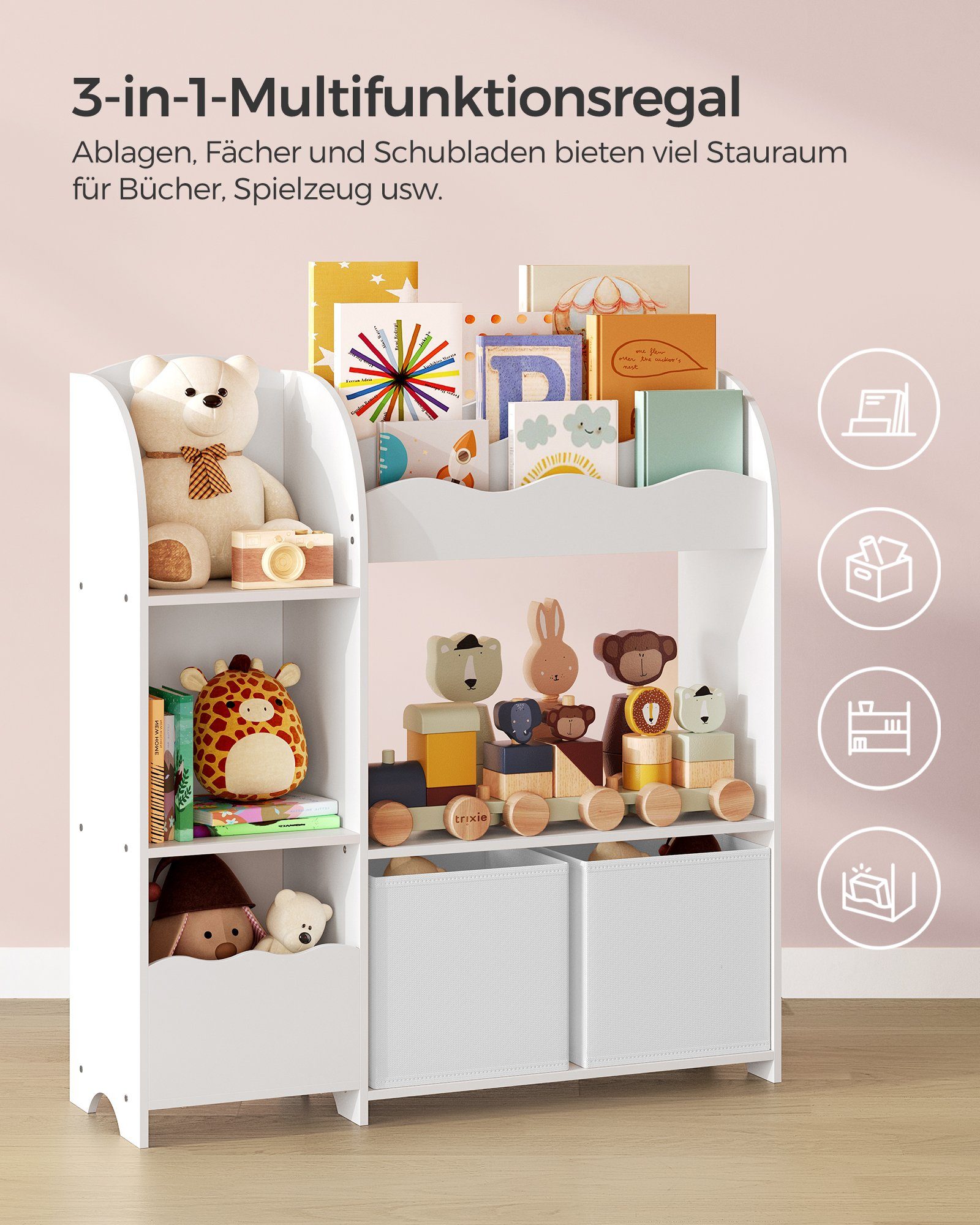 SONGMICS Spielzeugtruhe Bücherregal Kinder, Kinderregal für Bücher, Spielzeugregal, mit 2 Boxen, für Spielzimmer, Kinderzimmer, Wohnzimmer – Bild 4 von 5