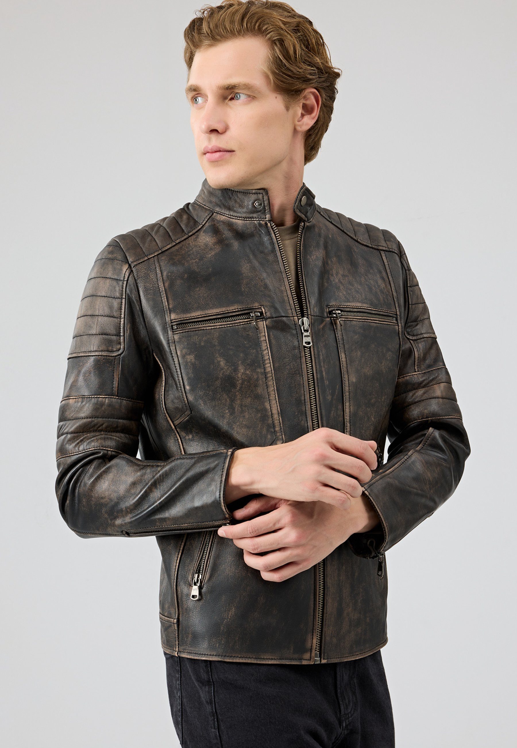 Derimod Lederjacke Morant Vintage Slim-Fit Lederjacke Slim Fit, Reißverschluss, Stehkragen, Kurz, Textilfutter