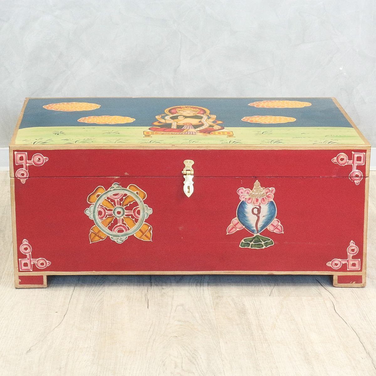 Oriental Galerie Truhe Indische Truhe Rot mit aufwendiger Buddha Malerei 70 cm, traditionelle Herstellung in Handarbeit im Ursprungsland