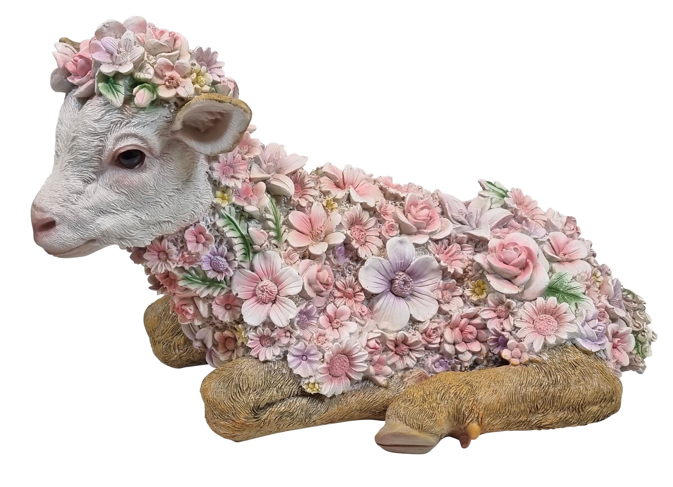 Fachhandel Plus Gartenfigur Ziege liegend mit Blumen, (1 St), handbemalte Dekofigur, lustige Gartendeko