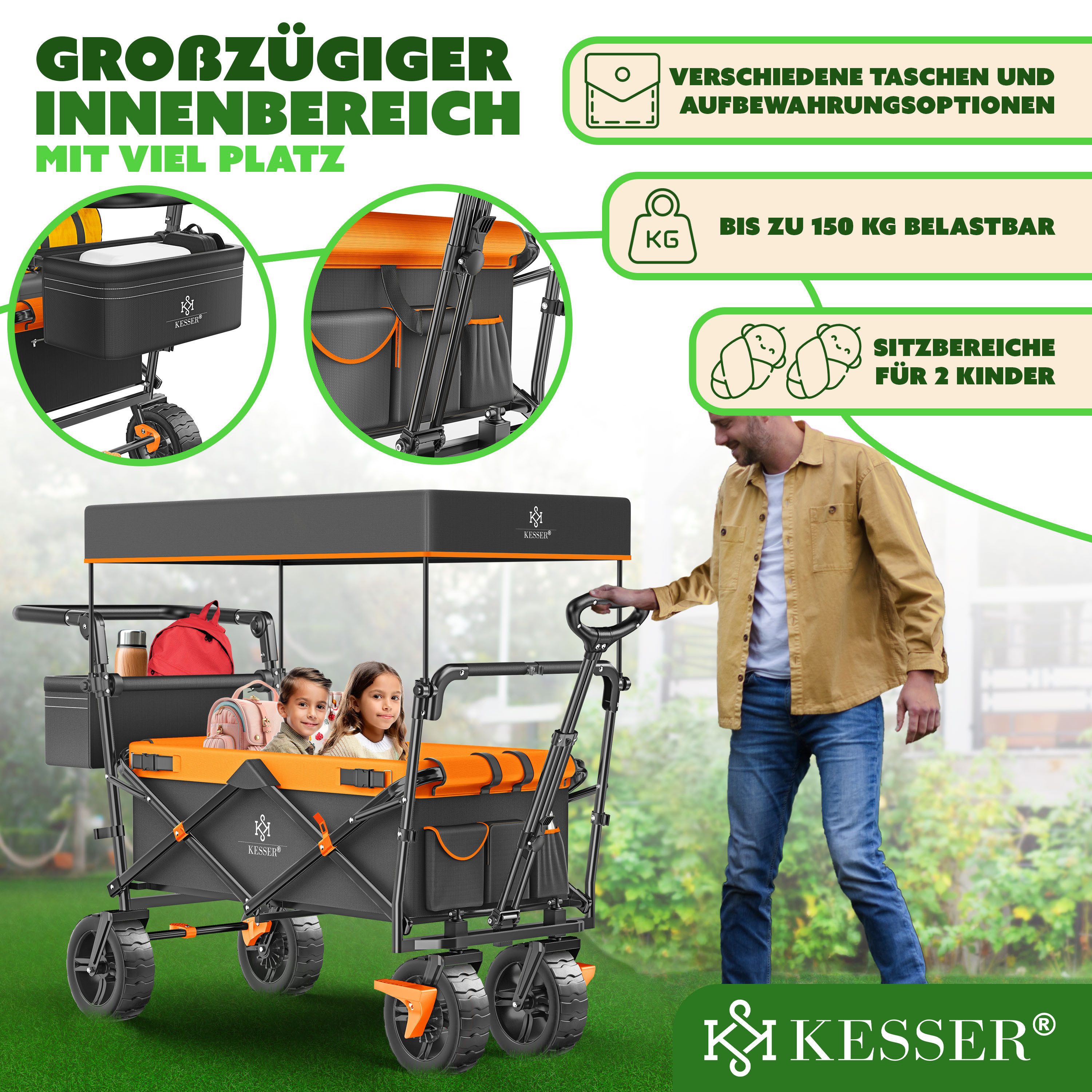 KESSER Bollerwagen, Bollerwagen faltbar GT9000 mit Dach Handwagen Transportwagen