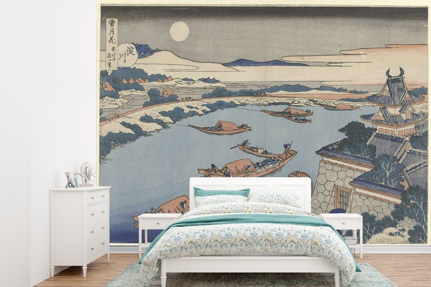 MuchoWow Fototapete Der Fluss Yodo im Mondlicht - Gemälde von Katsushika Hokusai, Matt, bedruckt, (6 St), Montagefertig Vinyl Tapete für Wohnzimmer, Wandtapete