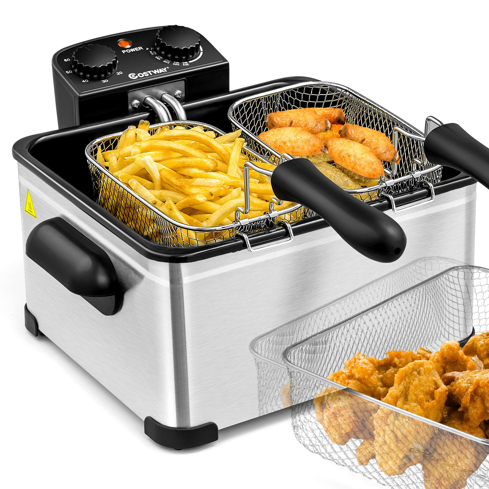 COSTWAY Fritteuse, 1700 W, mit Fett, 3 Frittierkörben, Fritösen Edelstahl, 5L