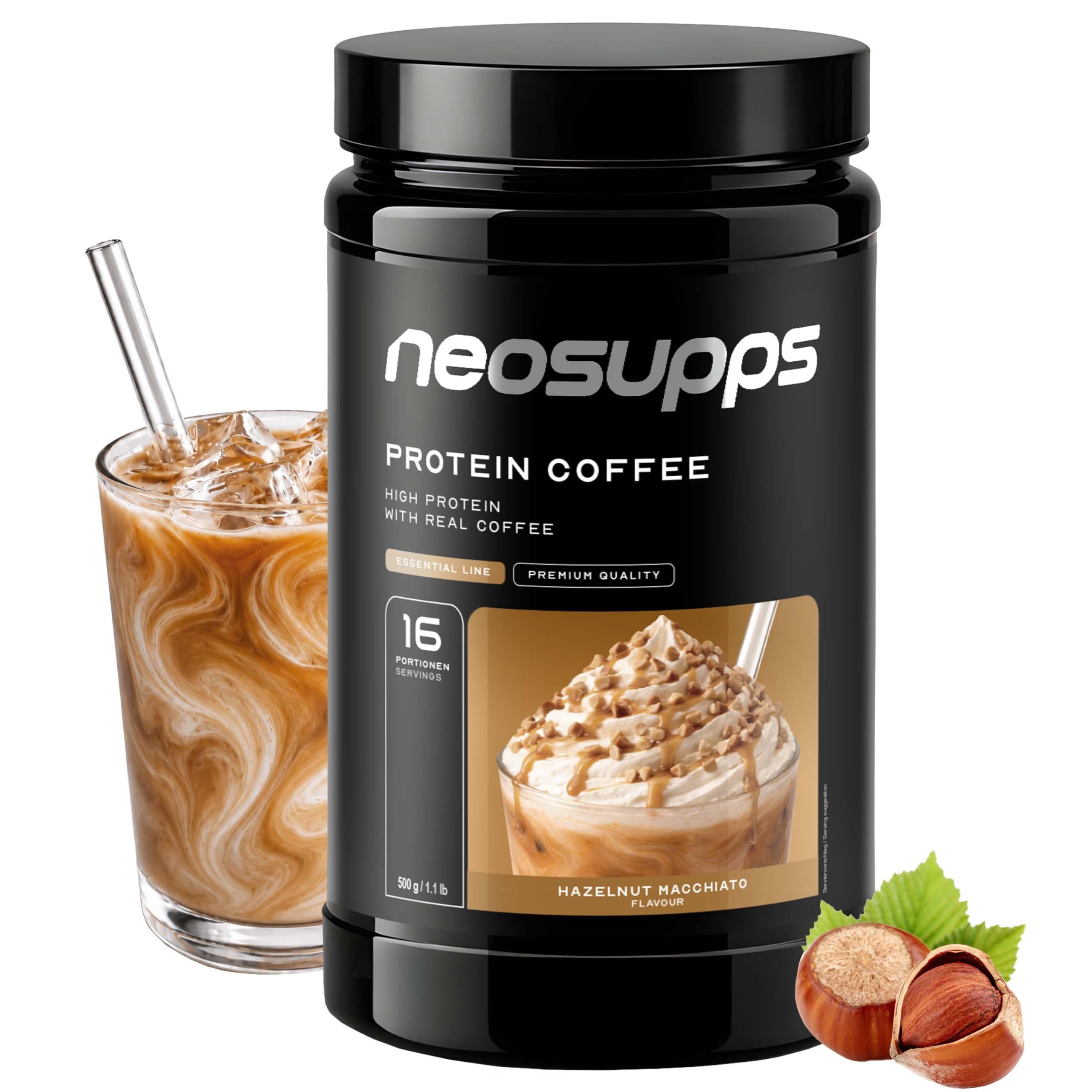 Neosupps Protein Iced Coffee Hazelnut Macchiato 500g, Eiweißkaffee, 20g Protein Pulver, 500 g, 80mg Koffein pro Portion, Low Sugar Protein Drink mit Kaffee