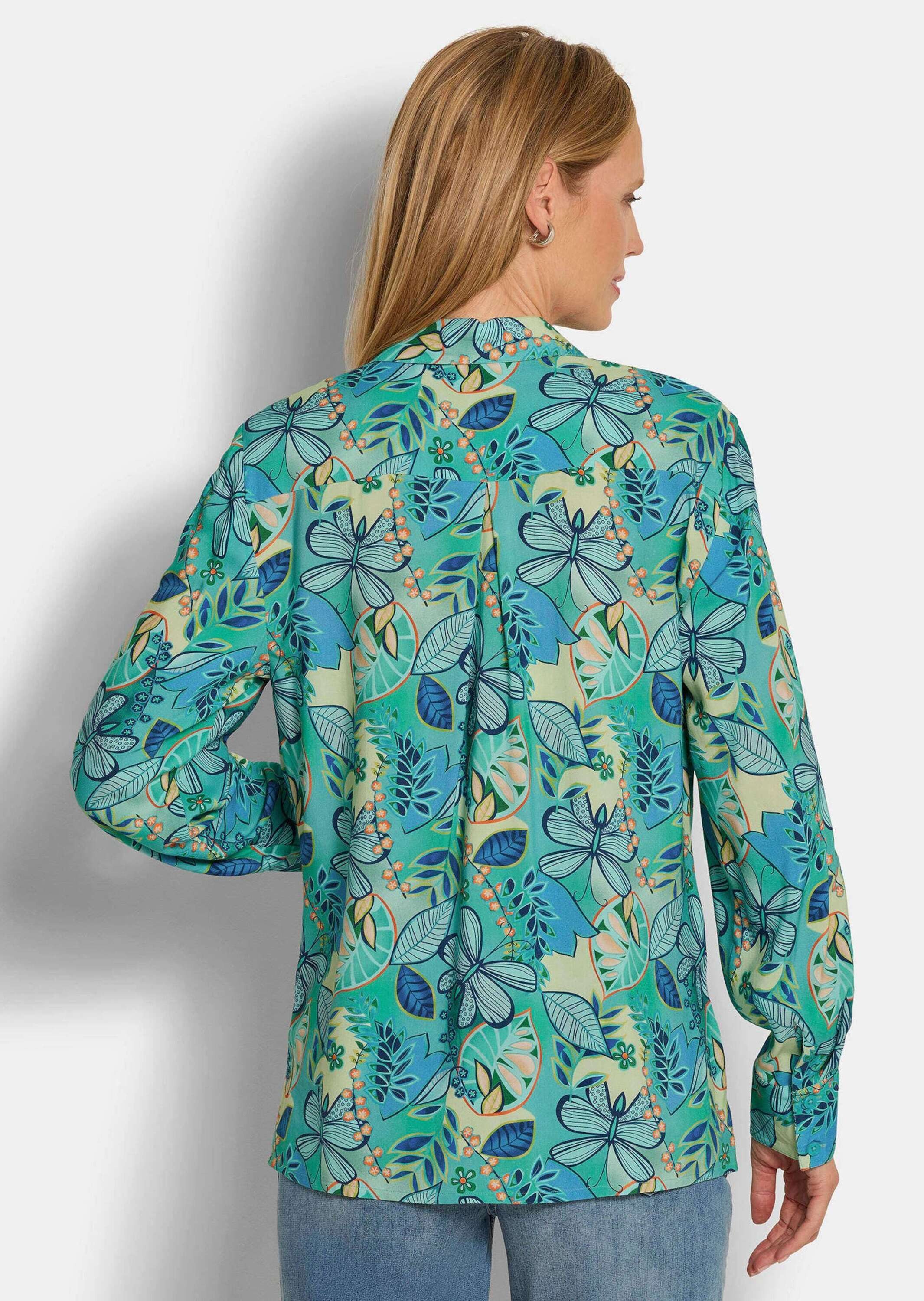 GOLDNER Kurzarmbluse Kurzgröße: Blusenshirt mit floralem Print Viskosebluse mit Hemdkragen, Knopfleiste und Langarm