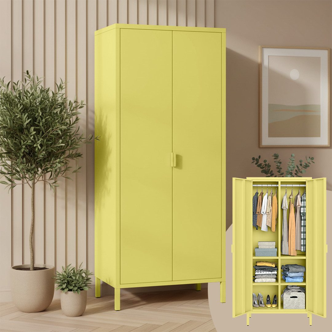 skølm Kleiderschrank Ituri aus Metall (Gelb) Metallschrank mit 6 Fächern & 2 Kleiderstangen, 170x80x45 cm