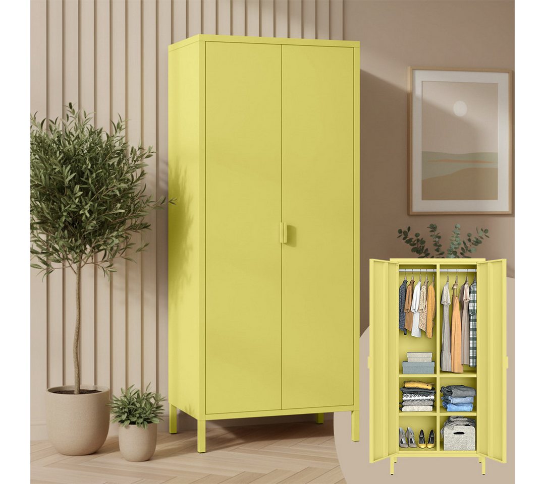 skølm Kleiderschrank Ituri aus Metall (Gelb) Metallschrank mit 6 Fächern & 2 Kleiderstangen, 170x80x45 cm