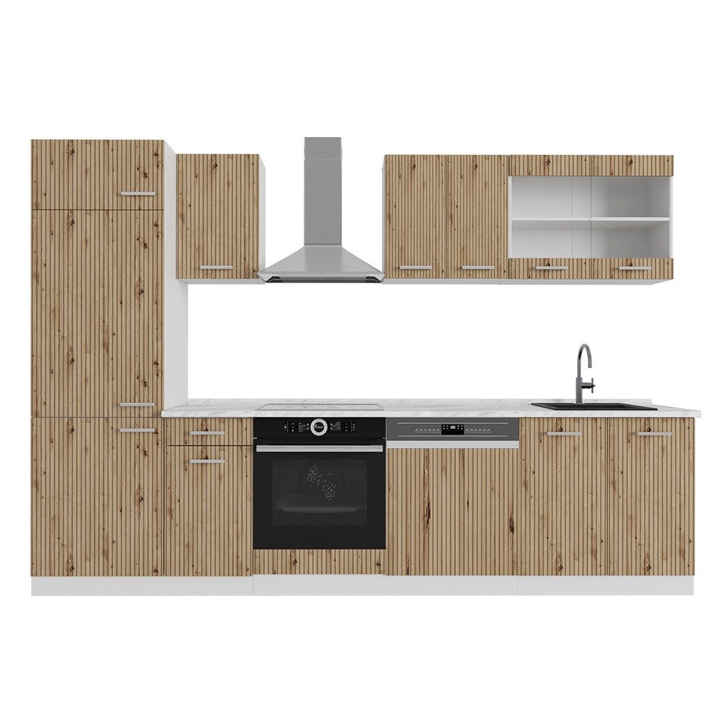 Vicco Küchenzeile R-Line, Artisan Eiche/Weiß, 300 cm, AP Marmor