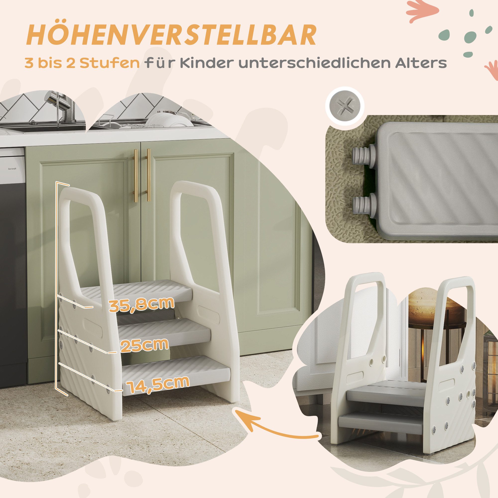 AIYAPLAY Stehhilfe 3 Stufen Höhenverstellbar Kinderhocker für 2-5 Jahre (Tritthocker, 1 St), bis 30 kg belastbar, für Bad, Küche, Kinderzimmer, Grau – Bild 5 von 5