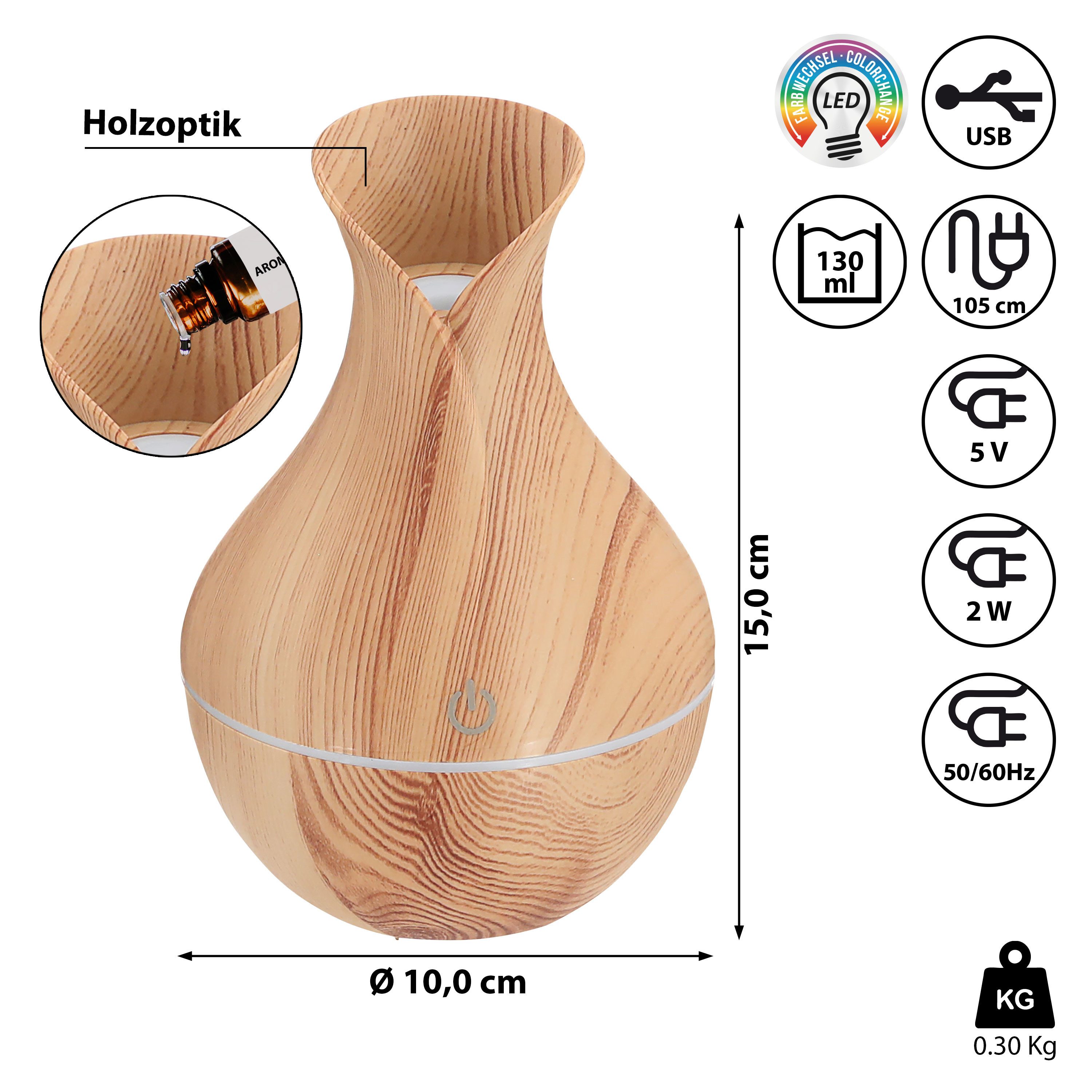 CEPEWA Diffuser Aroma Diffusor LED Farbwechsel USB Holzoptik 10x15cm Tank 130ml