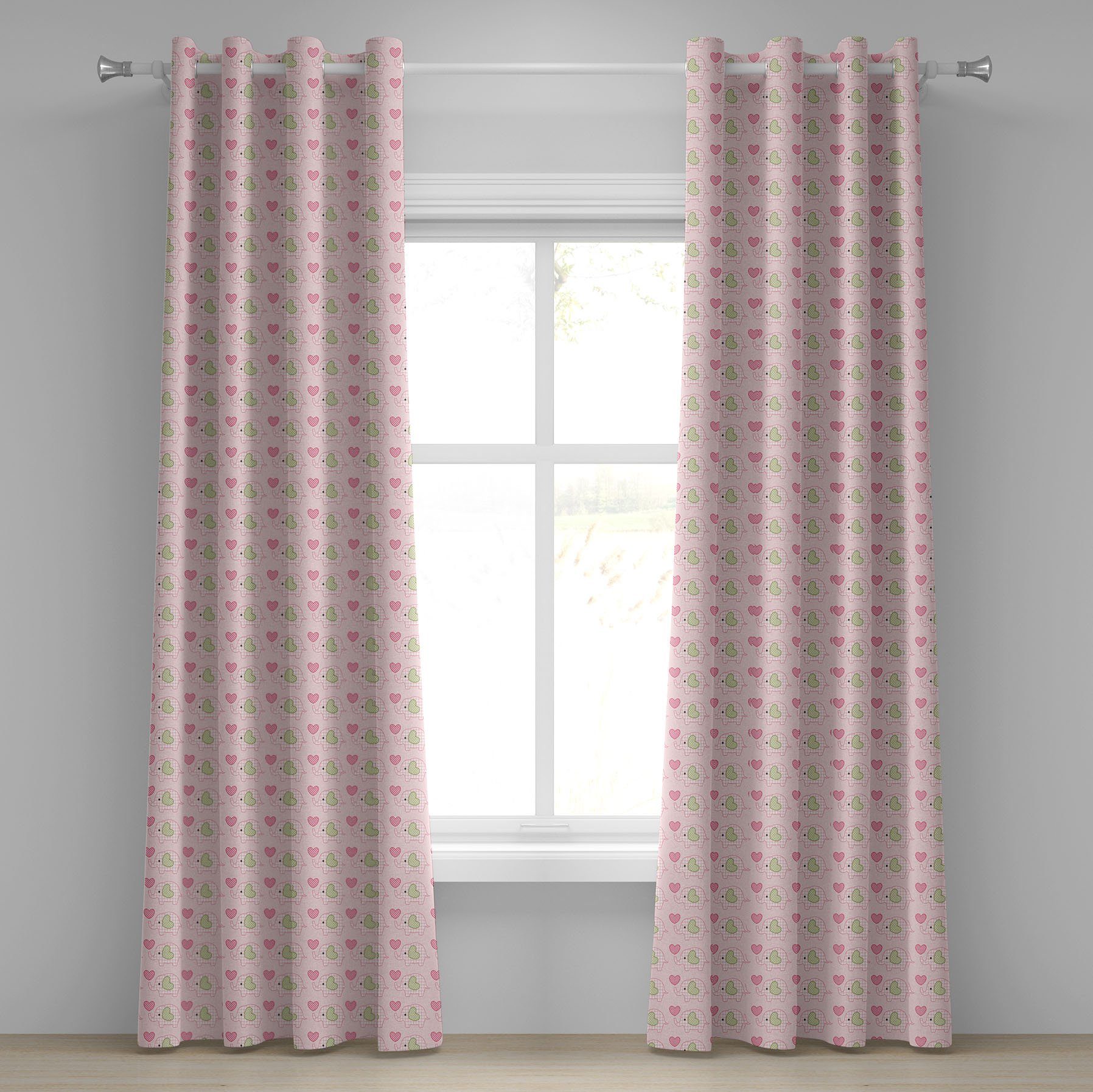 Gardine Dekorative 2-Panel-Fenstervorhänge für Schlafzimmer Wohnzimmer, Abakuhaus, Elefant Dots Herzen Checkered