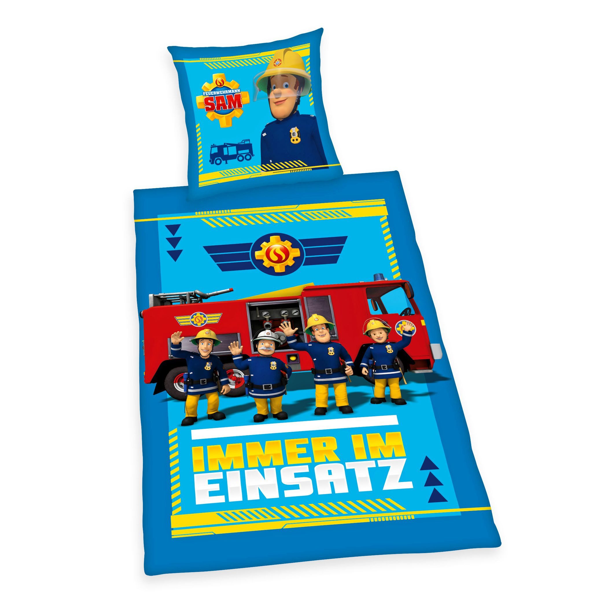 JACK Kinderbettwäsche 135x200cm Feuerwehrmann Sam Immer im Einsatz, Microfaser, 2 teilig, Feuerwehr im Einsatz, Löschzug, Blau