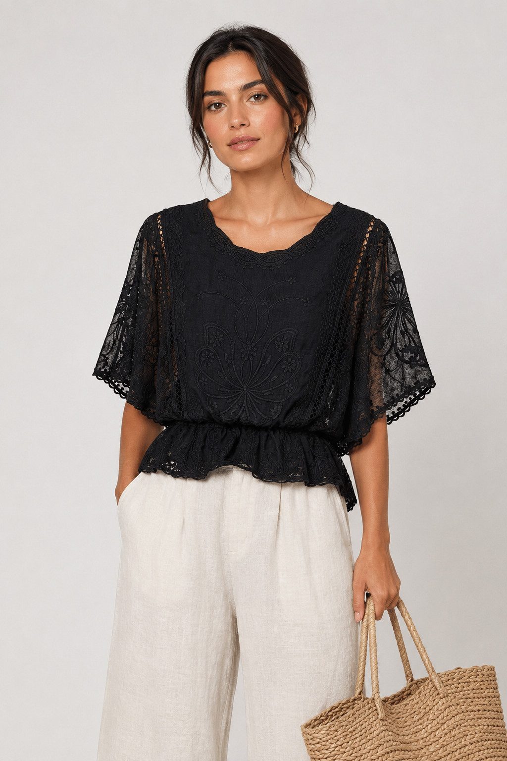 ITALY VIBES Spitzenbluse - Damen Spitzenbluse mit Lochstickerei, Boho Sommerbluse, Kurzarm ONE SIZE, passend für Größe XS bis L