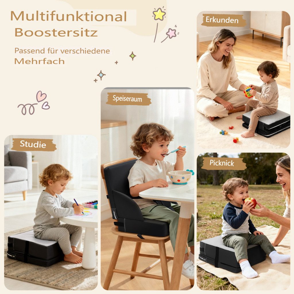 Insma Sitzkissen Kindersitzerhöhung Stuhlkissen Kunstleder 3-Punkt verstellbaren Gurten, wasserdicht, rutschfest, 34,5 × 34,5 × 9cm – Bild 4 von 5