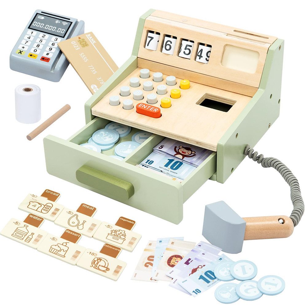 Flintry Spielkasse Holz-Kassenset, Lernspielzeug aus mit Spielgeld,für Kinder ab 3 Jahren, mit Spielgeld, Münzen, Bankkarte und Kaufladen Zubehör