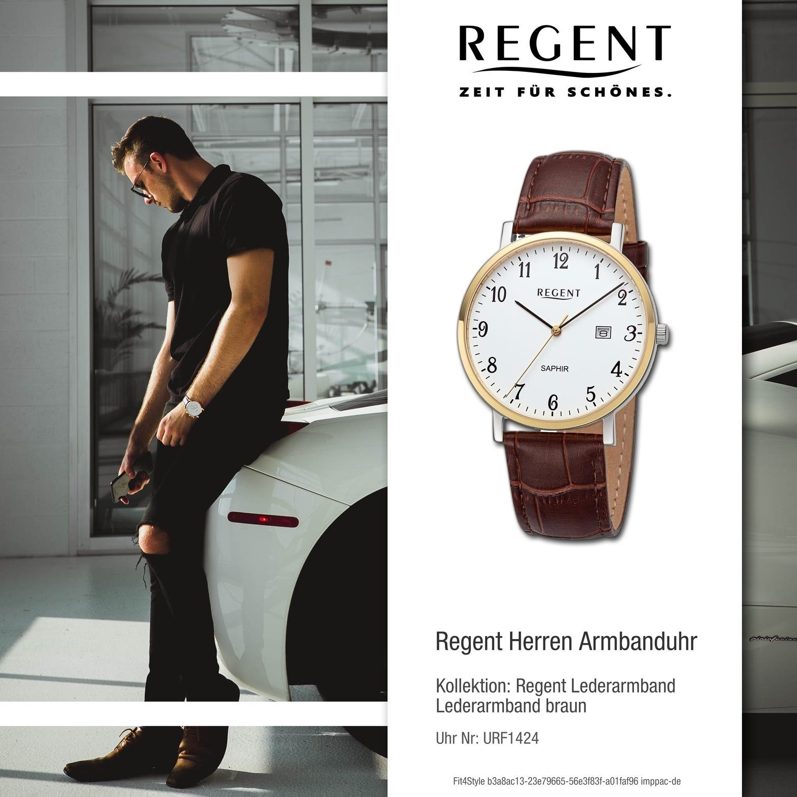 Regent Quarzuhr Regent rundes Herrenuhr Gehäuse, (ca. groß Armbanduhr braun, 40mm) Lederarmband extra Analog, Herren