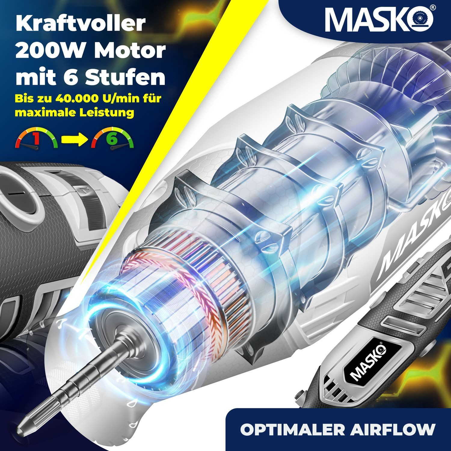 MASKO Elektro-Multifunktionswerkzeug, Schnellspann-Bohrfutter Transportkoffer 141-teilig Set Bohren Polieren, 200W Drehzahl 10000-40000 U/min mit flexibler Welle Rotationswerkzeug