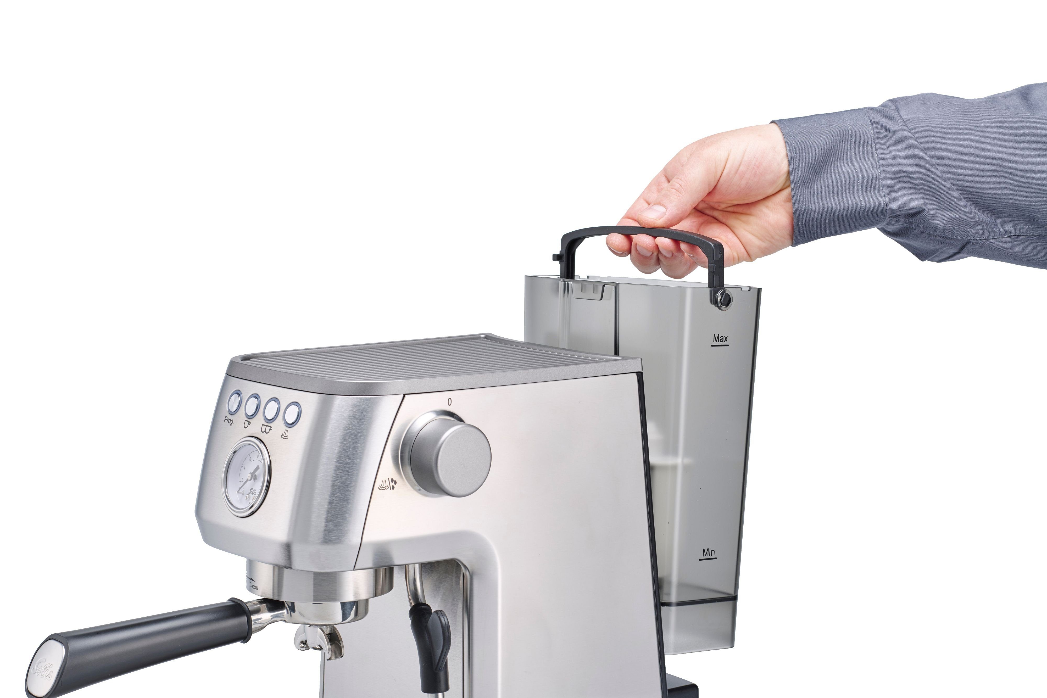 SOLIS OF SWITZERLAND Siebträgermaschine, Siebträger 54 mm, 54 mm Siebhalter, Milchaufschäumer, Bohnen, Pads