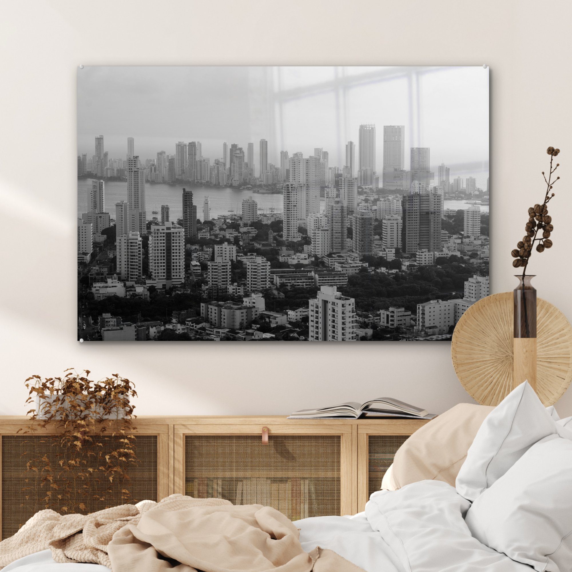 - & Acrylglasbilder Schlafzimmer St), MuchoWow Skyline - (1 Kolumbien Acrylglasbild Weiß, - Wohnzimmer Schwarz