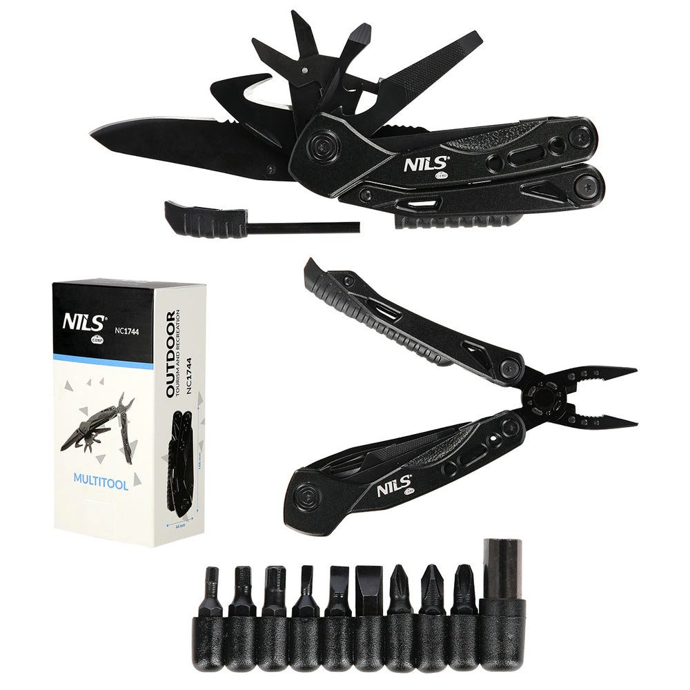 NILS CAMP Multitool Werkzeug Camping-Multitool, (Spar-Set, 1 St., 10,6 x 4,4 cm robust), 12 Funktionen, rostfreier Stahl, 9 Bits, Gürteletui