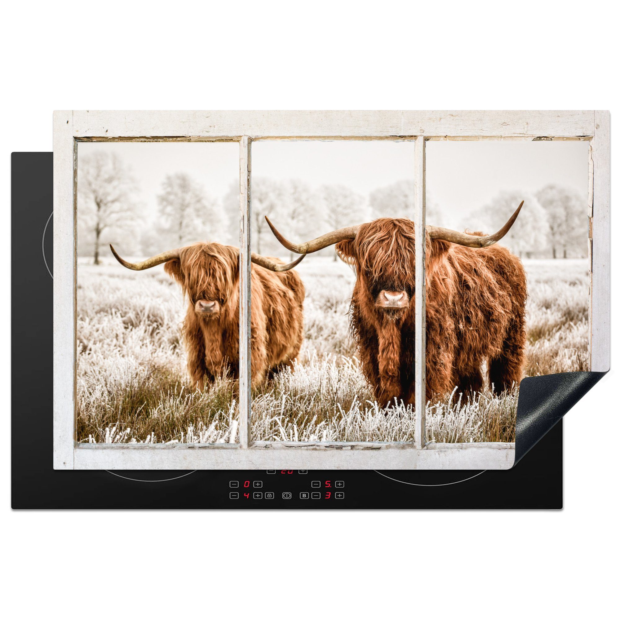 MuchoWow Herdblende-/Abdeckplatte Scottish Highlander - Ansicht - Kuh, Vinyl, (1 tlg), 81x52 cm, Induktionskochfeld Schutz für die küche, Ceranfeldabdeckung