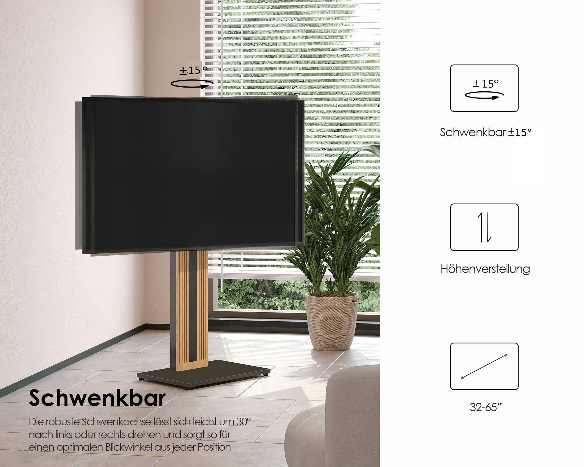 FITUEYES TV-Ständer aus Holz, mit höhenverstellbarer Ablage, ±15° schwenkbar, 32-65 Zoll, (bis 65,00 Zoll, höhenverstellbar, mit Kabelmanagement) – Bild 4 von 5