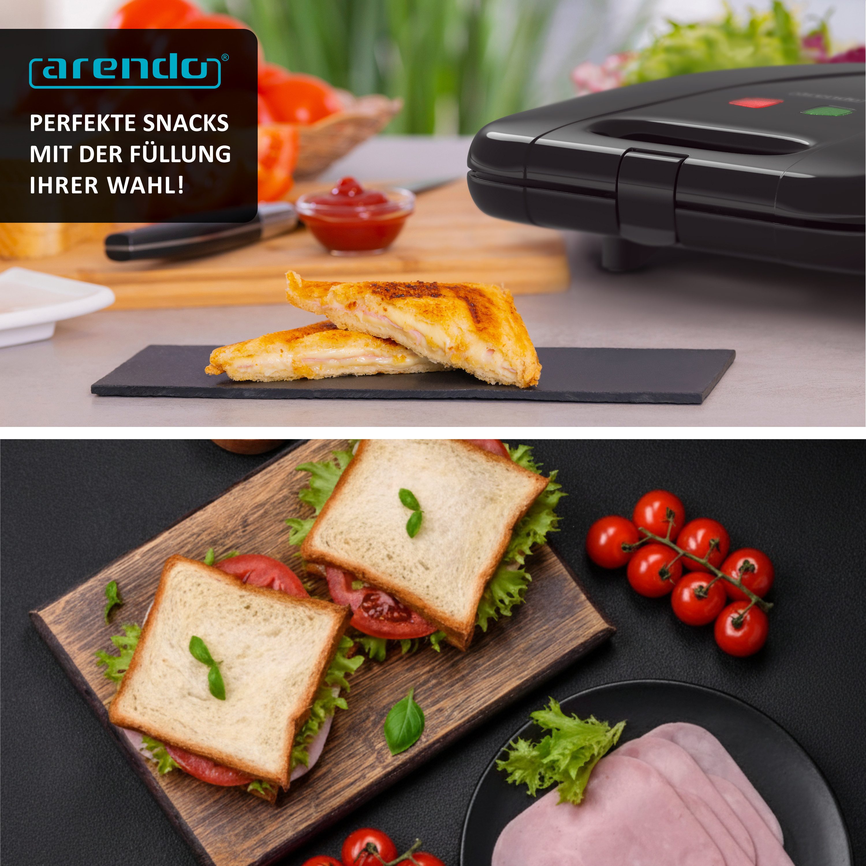 Arendo Sandwichmaker XXL für 4 Sandwiches, Sandwichtoaster für große Toasts, BPA Frei, 1400 W, Antihaftbeschichtet, Schnellaufheizung, Temperaturregelung, 1400 W