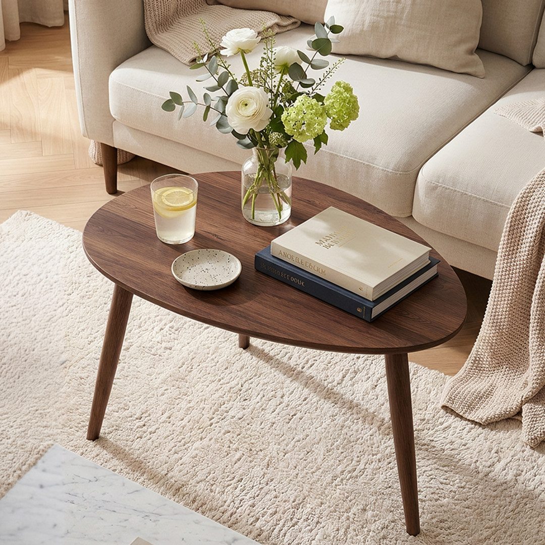 skølm Couchtisch Lodur aus Eiche Massivholz, Holztisch mit 3 Tischbeinen für Wohnzimmer, Wohnzimmertisch 70x38x50 cm, ovale Tischplatte