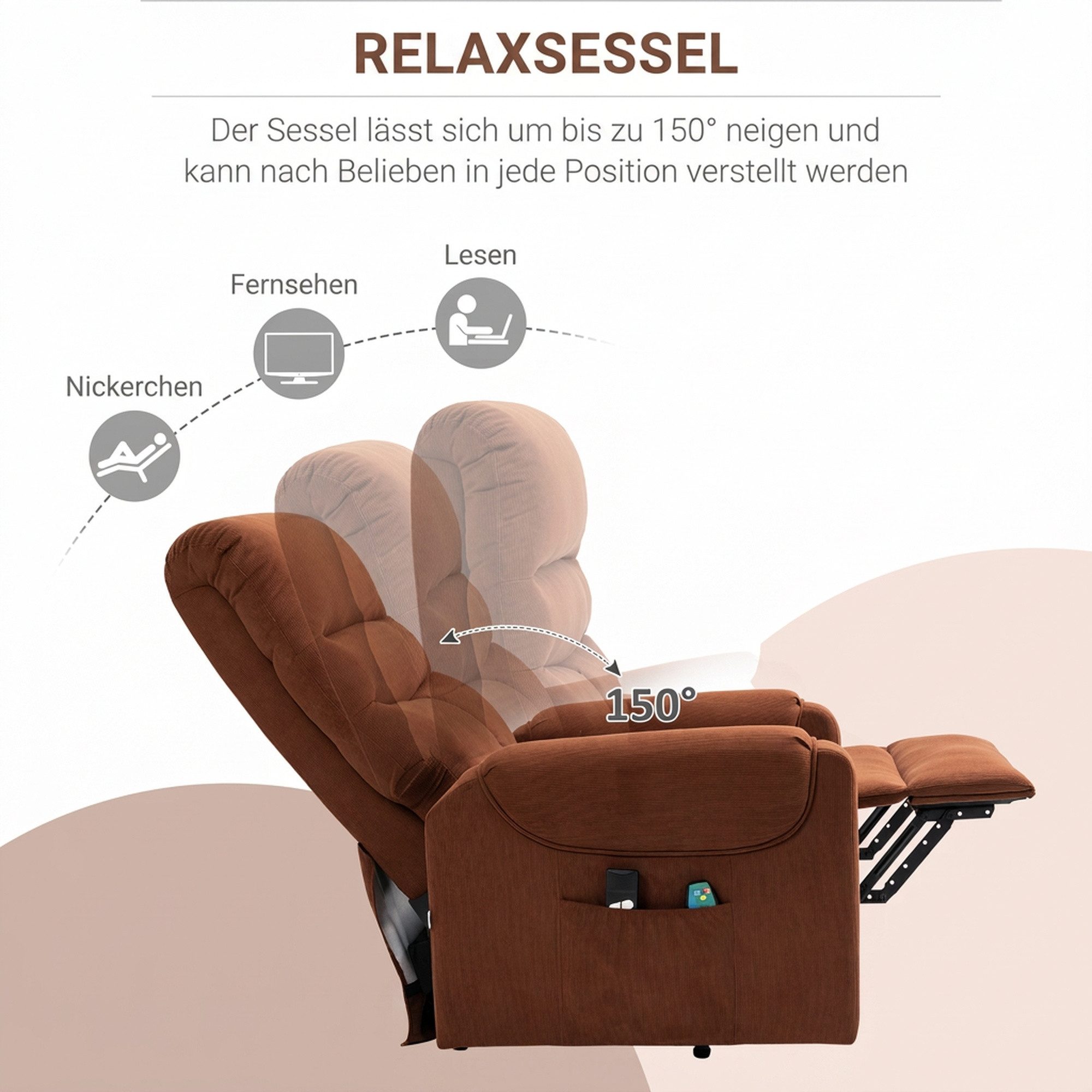 HOMCOM Massagesessel Fernsehsessel mit Aufstehhilfe, Massagesessel mit Liegefunktion (Set, 1-St., Massagesessel), Massagesessel mit Liegefunktion, Braun – Bild 5 von 5