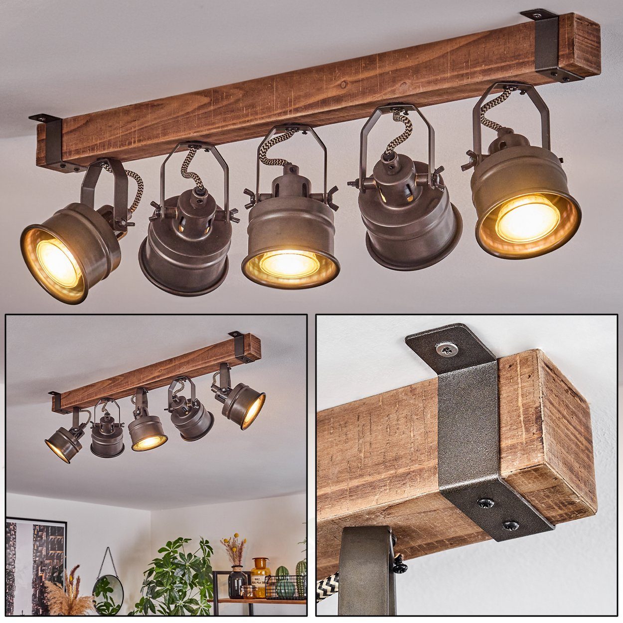 hofstein Deckenleuchte moderne Deckenlampe aus Holz/Metall in Braun/Schwarz, ohne Leuchtmittel, mit Holzbalken und verstellbaren Schirmen, 5x GU10