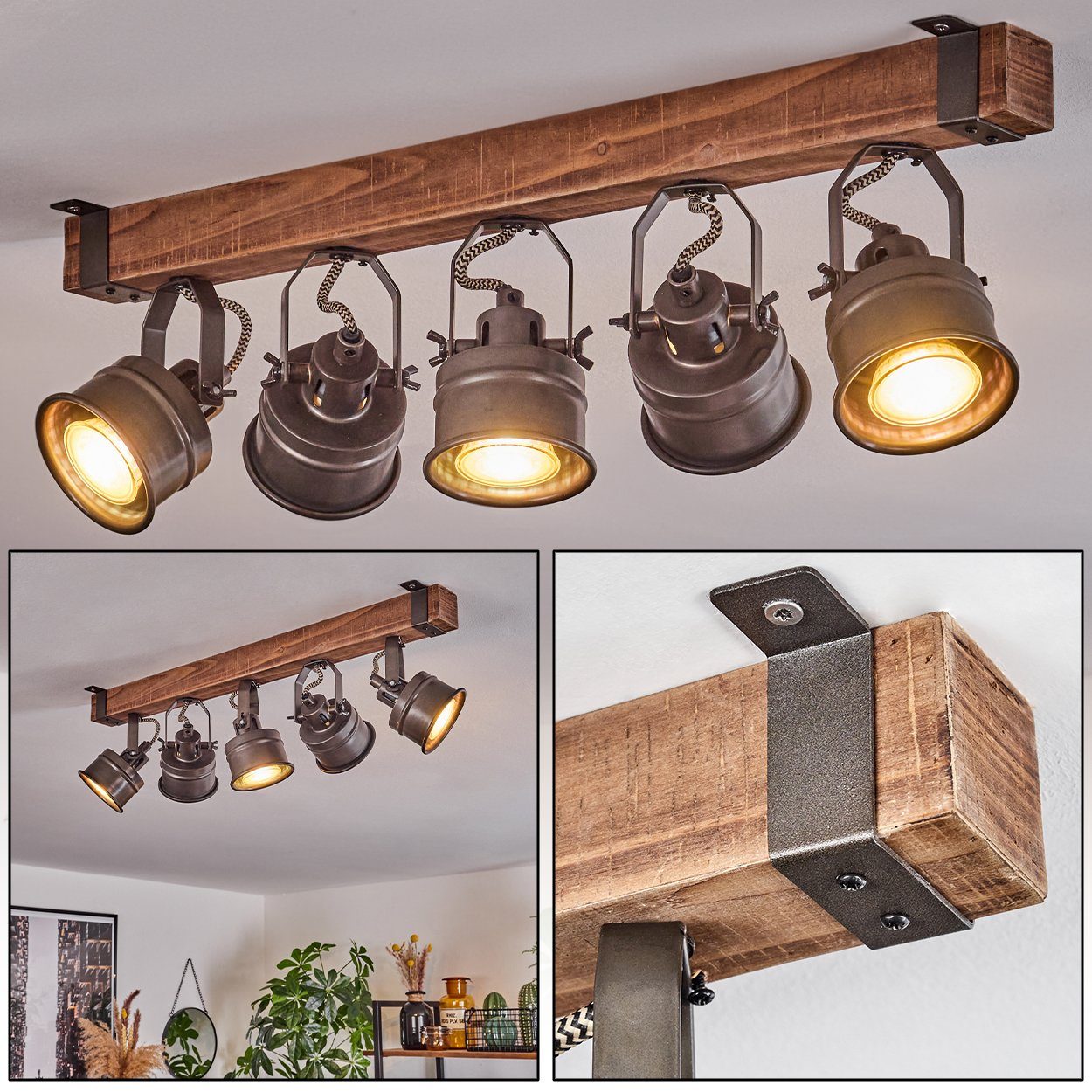 hofstein Deckenleuchte moderne Deckenlampe aus Holz/Metall in  Braun/Schwarz, ohne Leuchtmittel, mit Holzbalken und verstellbaren  Schirmen, 5x GU10