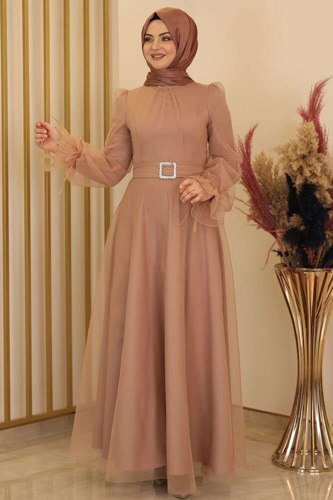 Modavitrini Abendkleid Damen Kleid langärmliges Maxikleid Abiye Abaya Hijab Mode mit Gürtel Beige