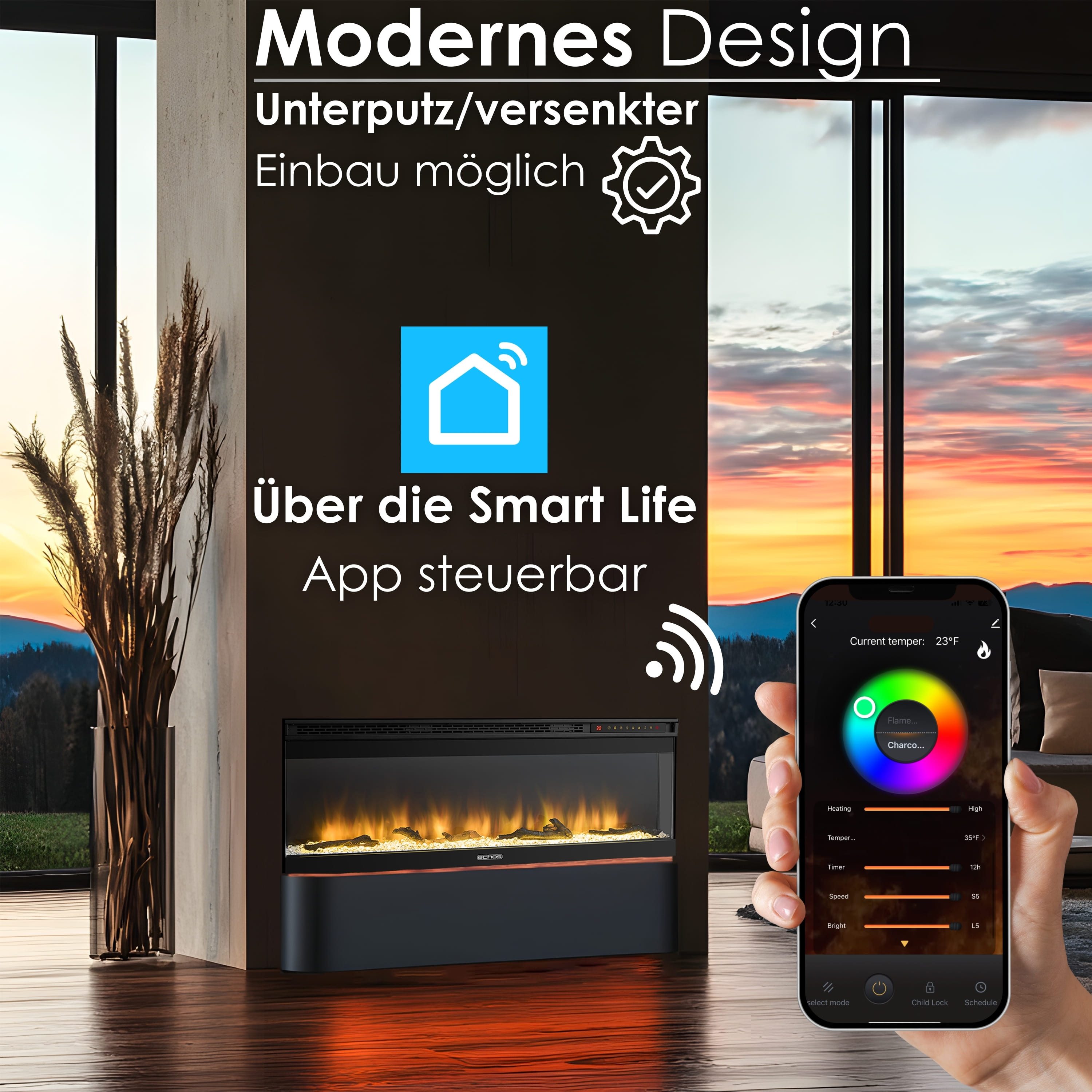 echos Elektrokamin WiFi Eco-3510, 13 realistische Flammeneffekte, Smart Life APP, Wandmontage, Timer – Bild 4 von 5