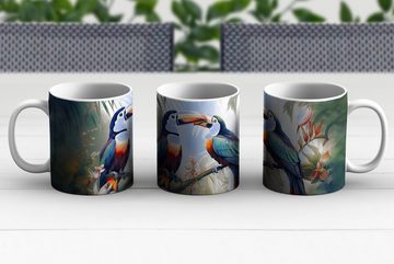 MuchoWow Tasse Tukan - Vögel - Blumen - Natur - Dschungel, Keramik, Kaffeetassen, Teetasse, Becher, Teetasse, Geschenk