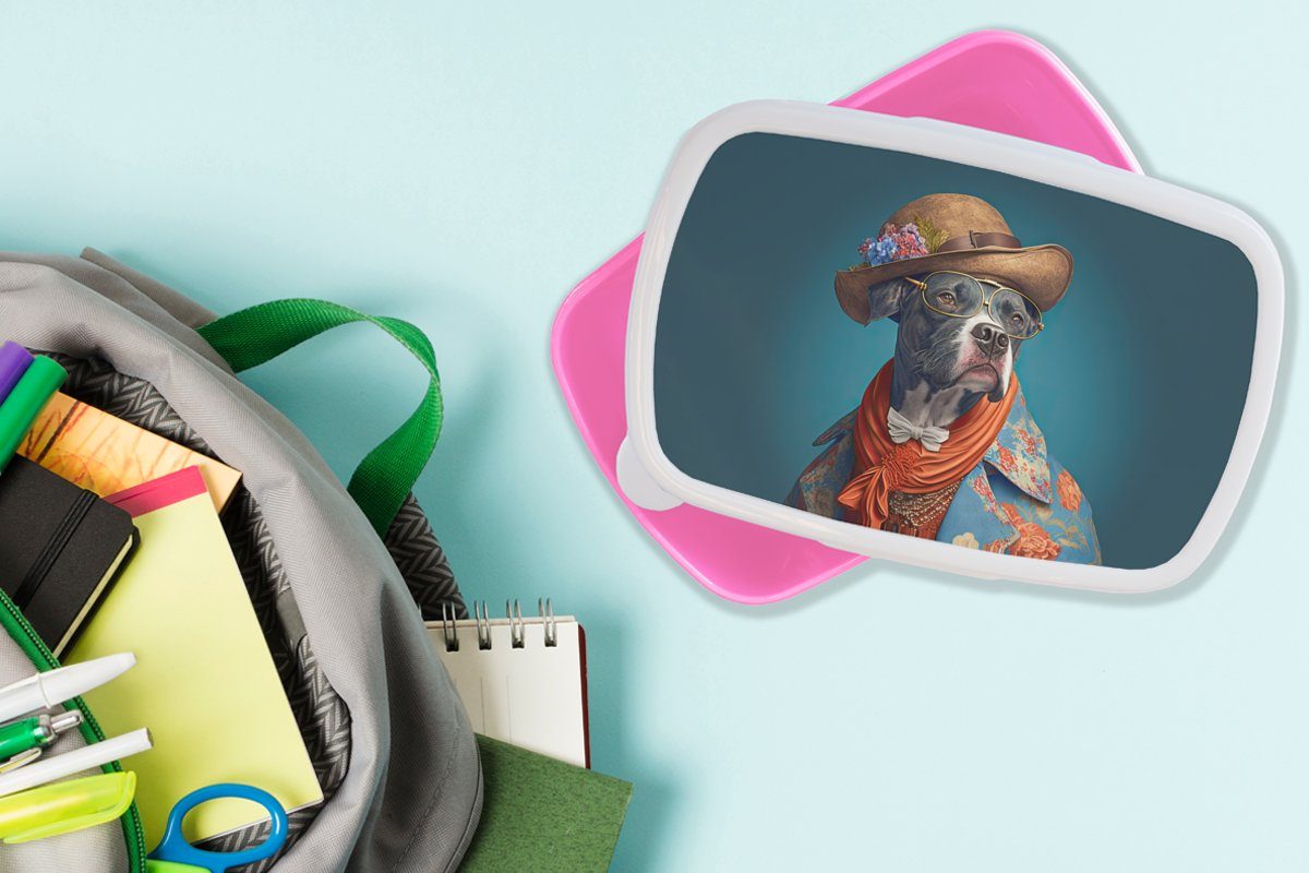 MuchoWow Lunchbox Hund - Jacke - Kunststoff, für Blumen - Blau, (2-tlg), Snackbox, Brotbox rosa Kinder, Hut - Brotdose Erwachsene, Mädchen, Kunststoff