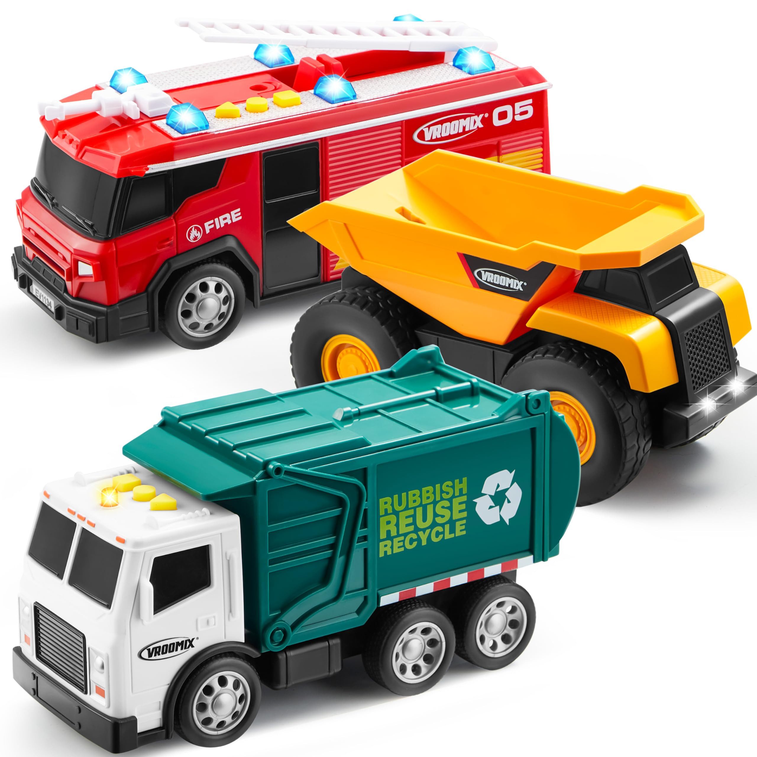 Vroomix Spielzeug-Auto VROOMIX 3er Spielzeugfahrzeuge-Set–Müll, Feuer & Bau mit Licht & Sound, (3-tlg)