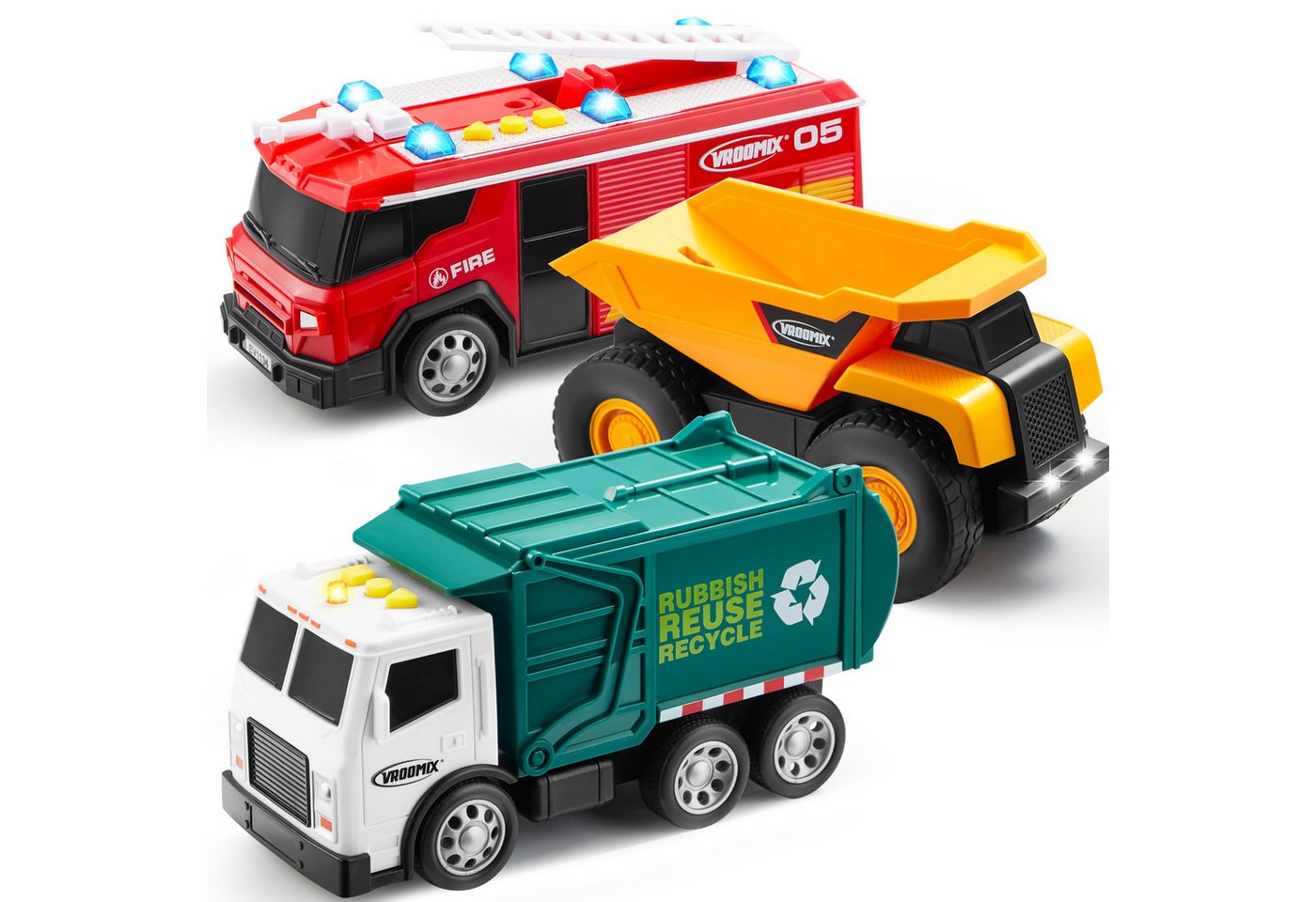 Vroomix Spielzeug-Auto VROOMIX 3er Spielzeugfahrzeuge-Set–Müll, Feuer & Bau mit Licht & Sound, (3-tlg)