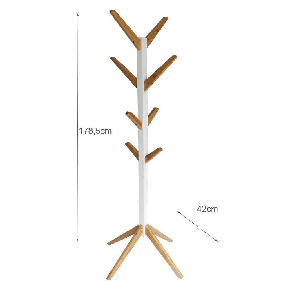 cm Garderobe Weiß), & Garderobenständer Kleiderständer Diele Bambus Flur Holz, Höhe: Wartezimmer, style 178 Haken, home (aus für Schlafzimmer acht Holz