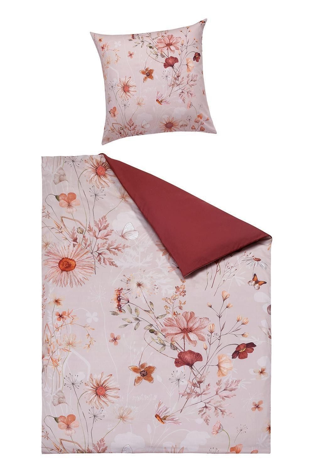 casa NOVA Bettwäsche CELINE, 135 x 200 cm, Rosa, Rot, Orange, Satin, 2 teilig, florales Muster, mit Reißverschluss