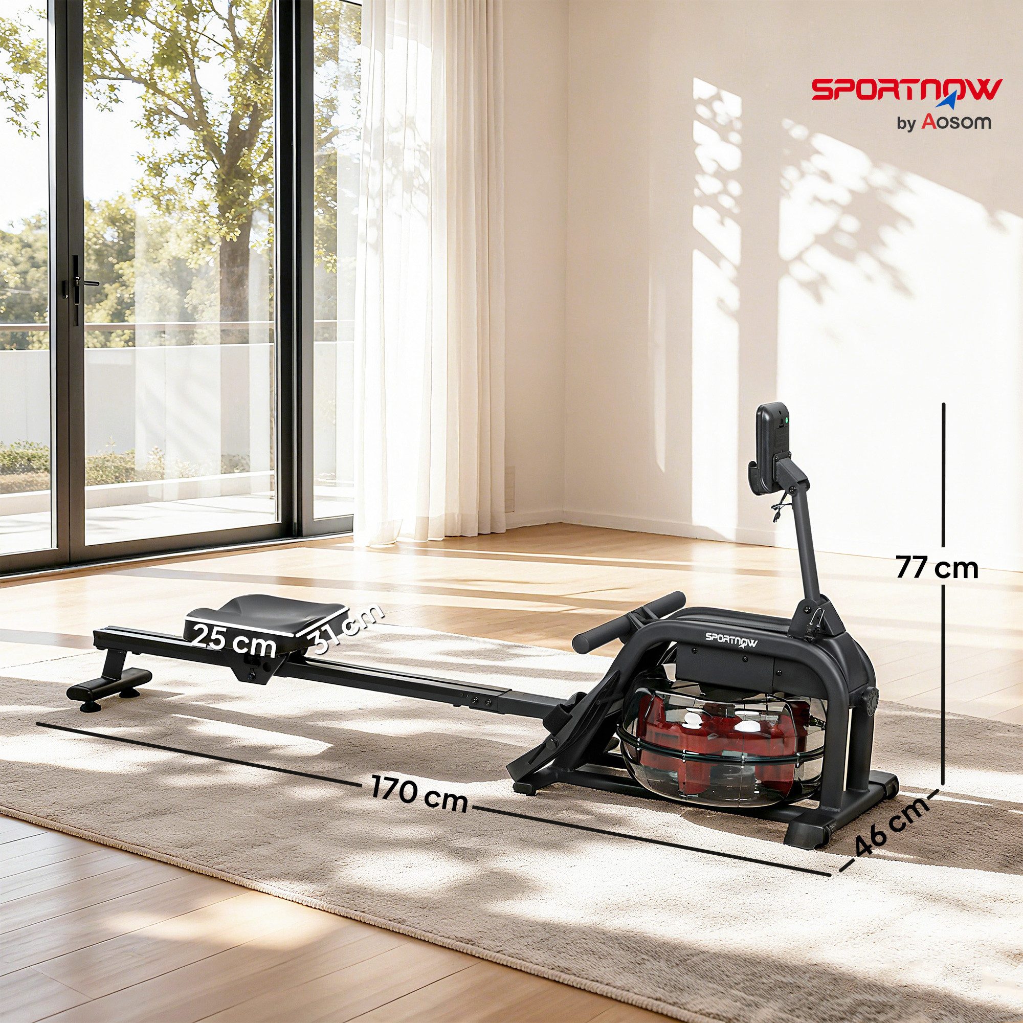 SPORTNOW Rudergerät mit LCD Display, Handyhalterung, Komfortabler Sitz, Vertikale Lagerung (Rudermaschine für Heimfitness, 1-tlg., Wasserrudergerät), für Zuhause, Schwarz