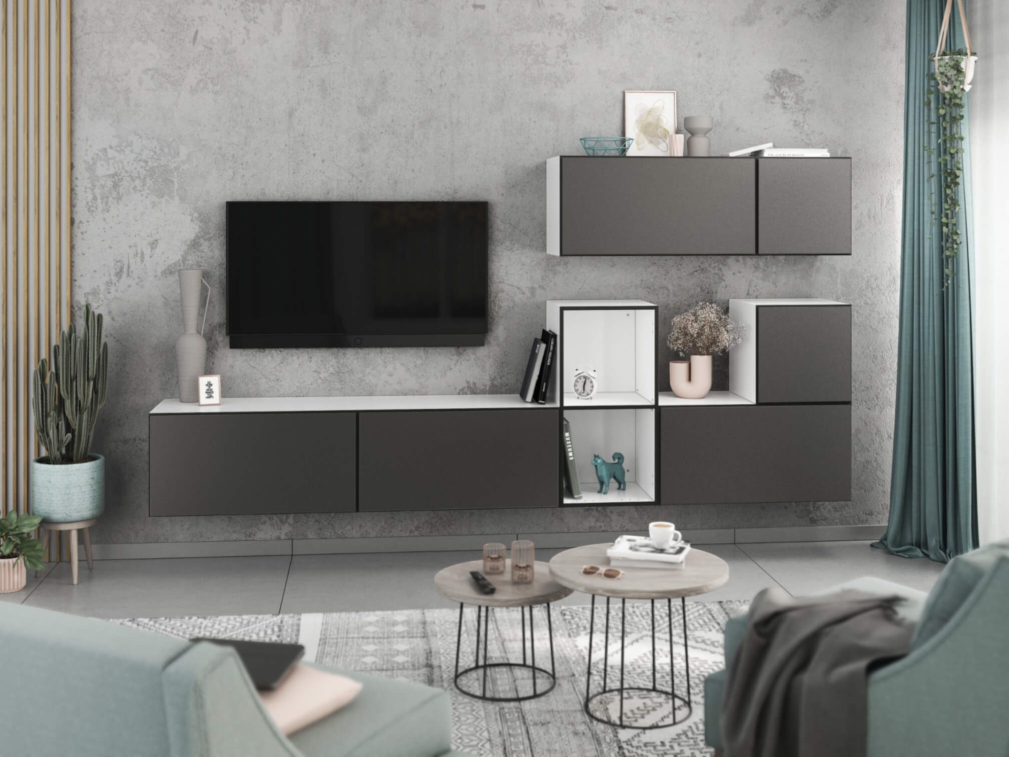 moebel-dich-auf Wohnwand VARIANTO 1, (7- teilig., besteht aus 4x Schrank mit Klappe, 2x Schrank mit Tür,1x offenes Regal), MDF Fronten tiefgezogen, Softclose