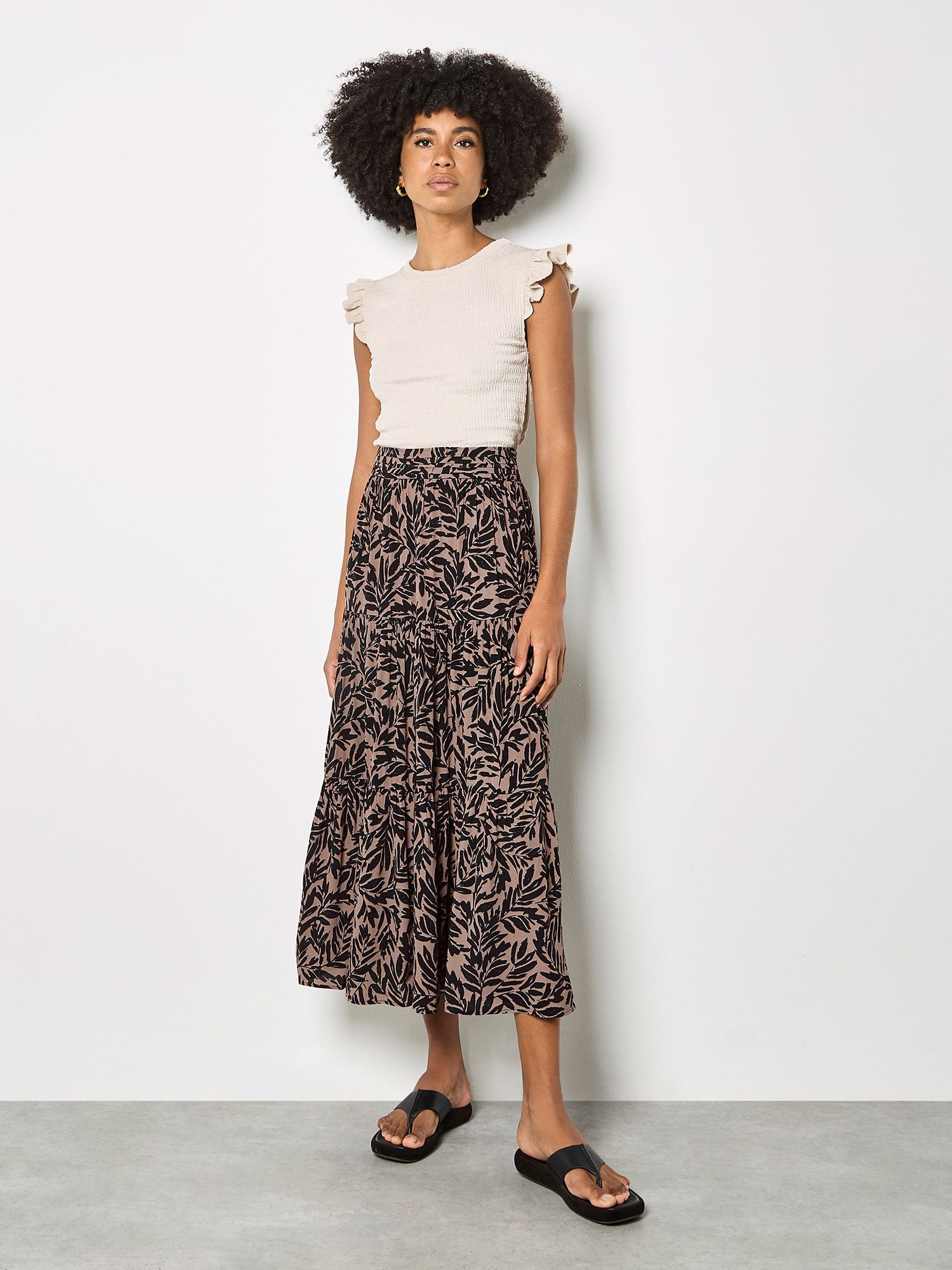 Apricot Midirock Midi-Rock mit Blattprint und Stufen – Bild 3 von 5