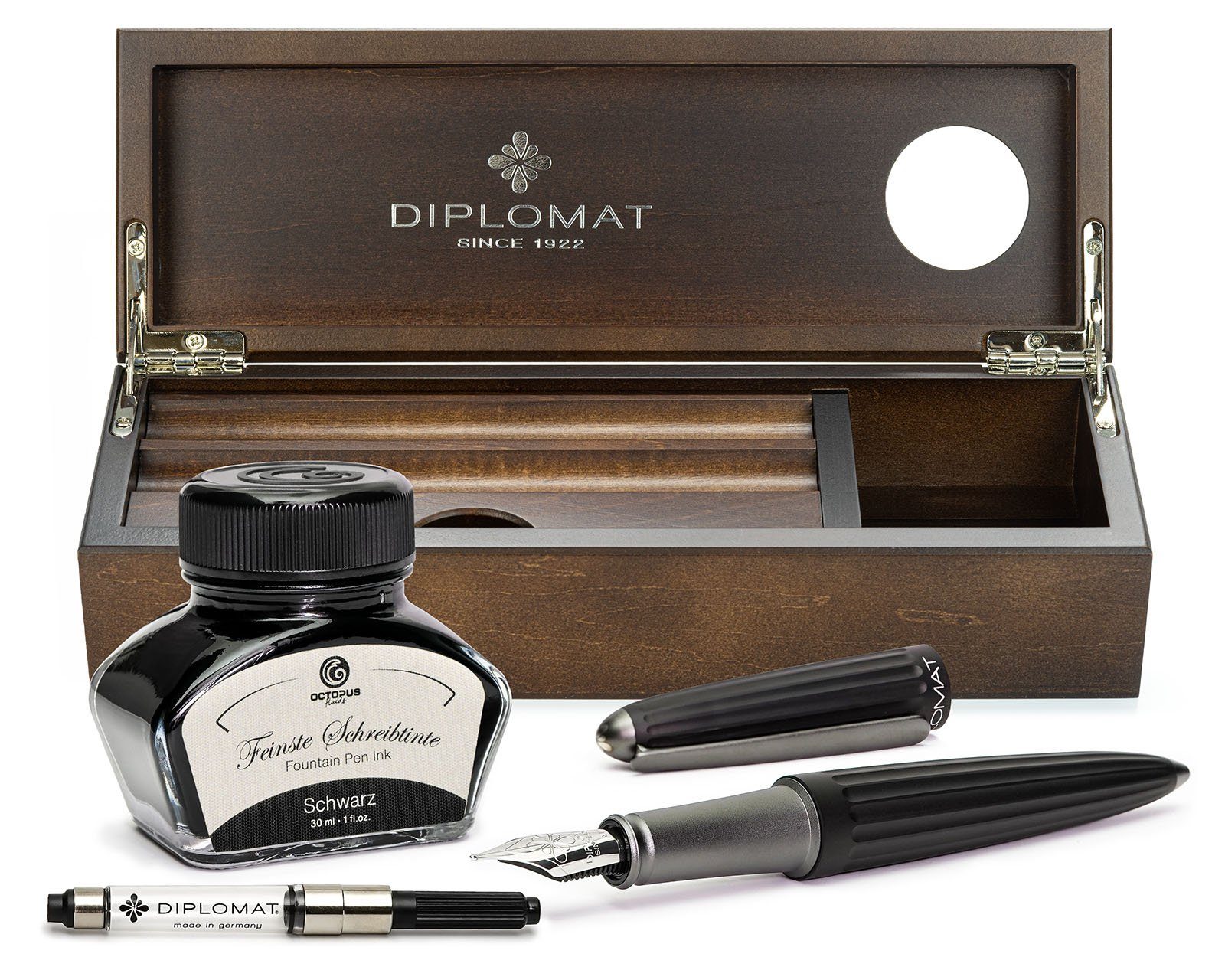 DIPLOMAT Füllhalter Füllhalterset Diplomat Aero schwarz Schreibtinte Stiftetui Wenge-Holz, (Komplett-Set mit Tintenkonverter, Schreibtinte Schwarz von Octopus Fluids und Wenge Holzetui), MADE IN GERMANY