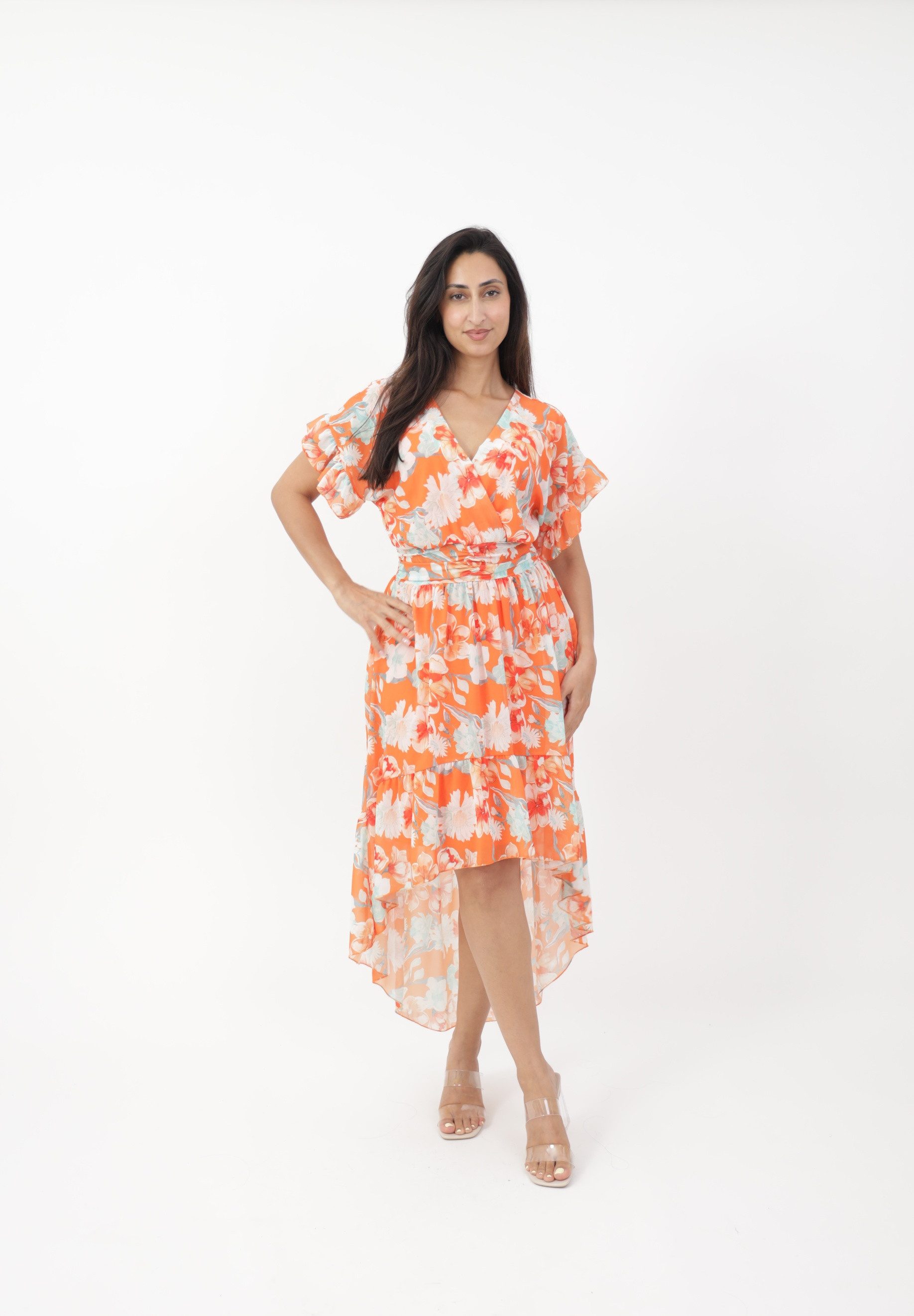 Elara Sommerkleid Damen Vokuhila Kleid – Chiffon Sommerkleid mit Floral Blumenmuster mit Muster