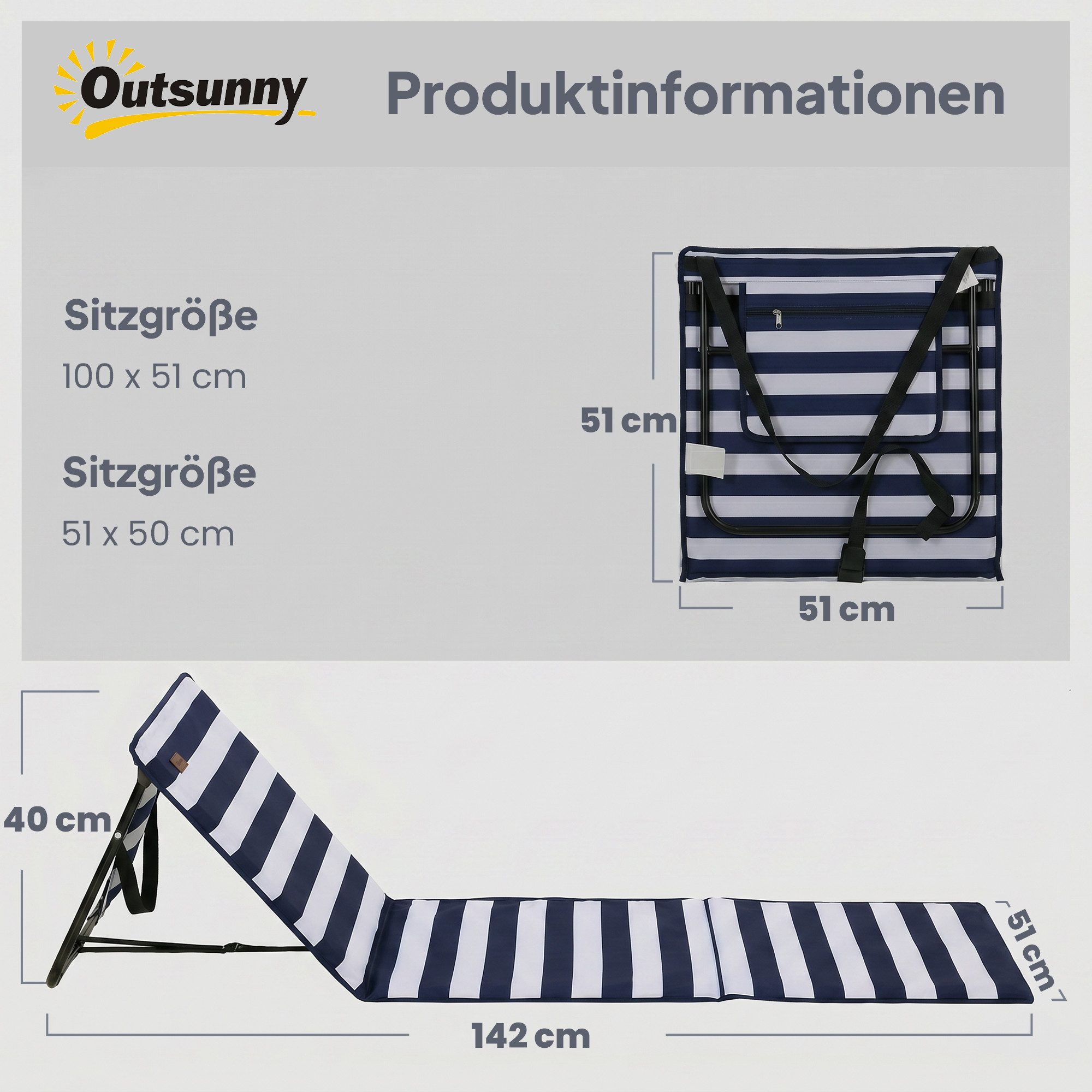 Outsunny Gartenliege Verstellbare Sonnenliege, Faltbare Strandliege, 2 St., Strandmatte, Stahl, Oxford, 142 x 51 x 40 cm, Blau,Weiß