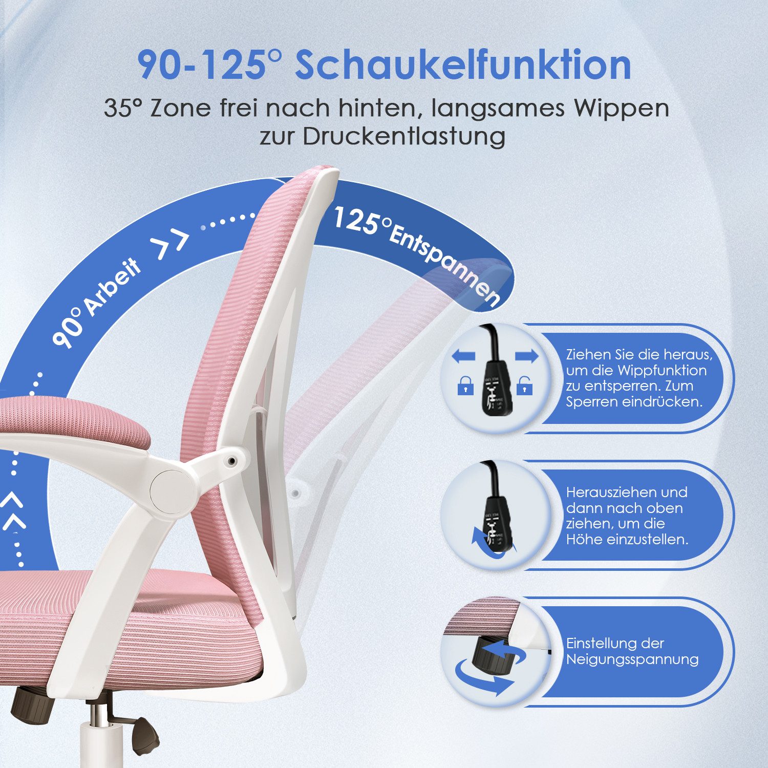 Adormii Bürostuhl Bürostuhl mit klappbaren Armlehnen,Ergonomischer Bürostuhl (Drehstuhl 360° mit Höhenverstellbarer Lendenwirbelstütze,Verstellbarer gepolsterten Armlehnen,Wippfunktion bis 125°,geräuscharmen Rollen,Höhenverstellbar), Atmungsaktiver Netzbezug, Hochwertiger Schaumstoff,Bis 150 kg