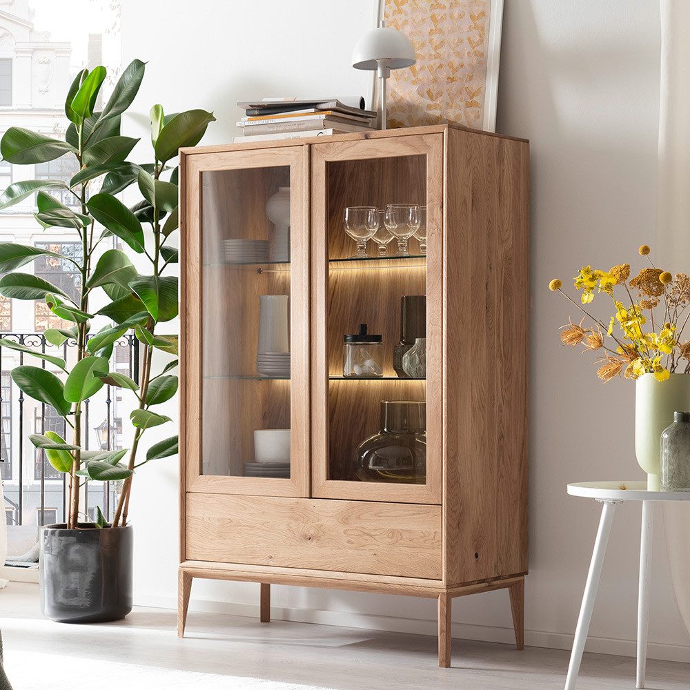 Lomadox Vitrine CUNEO-137 Eiche massiv Massivholz geölt Vitrinentüren 89,8x139,5x41,5 cm